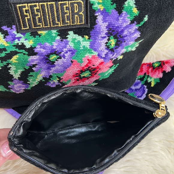 FEILER black red purple chenille floral handbag set of 3 - Picture 2 of 5